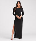 Knit Bateau Neck Slit Open-Back Fitted Ruched Stretchy Asymmetric Long Sleeves Maxi Dress