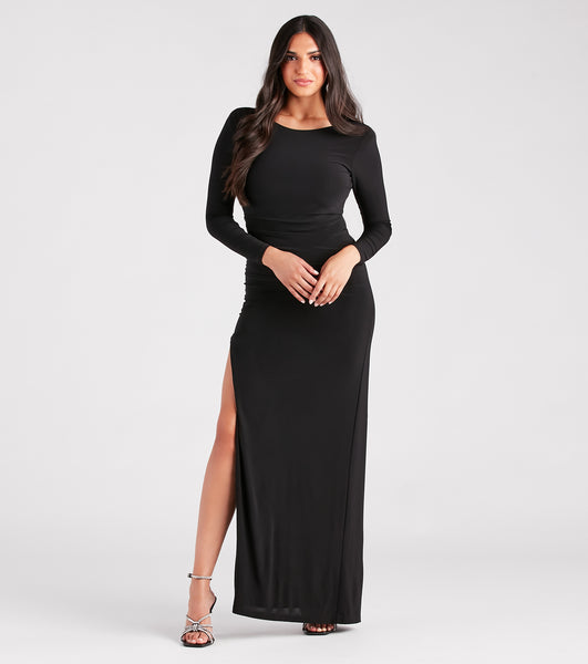 Knit Stretchy Ruched Slit Fitted Asymmetric Open-Back Long Sleeves Bateau Neck Maxi Dress