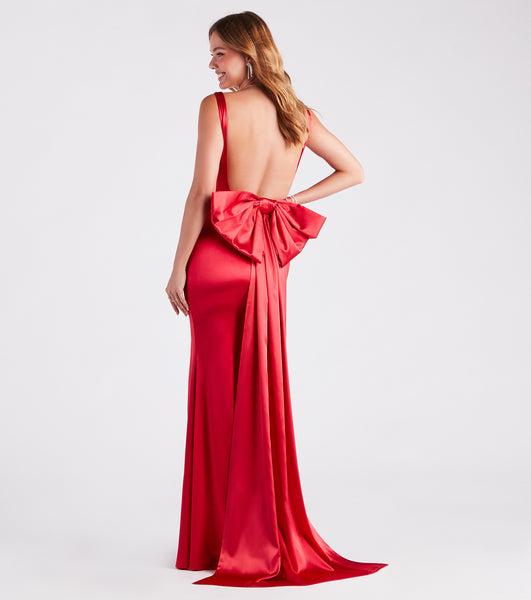 Sophisticated Slit Mermaid Sleeveless Tank Square Neck Floor Length Dress with a Brush/Sweep Train With a Bow(s)