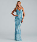 V-neck Mermaid Knit Stretchy Back Zipper Sequined Mesh Floor Length General Print Sleeveless Spaghetti Strap Party Dress