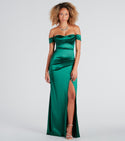 Sophisticated Floor Length Off the Shoulder Pleated Wrap Slit Mermaid Satin Dress