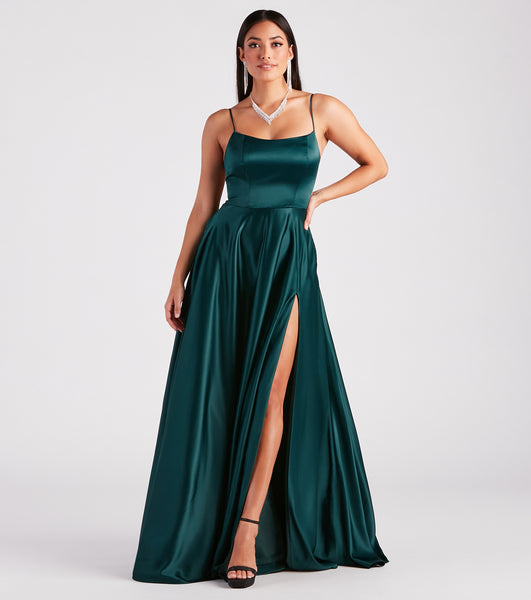 A-line Satin Square Neck Floor Length Sleeveless Spaghetti Strap Back Zipper Self Tie Fitted Flowy Slit Lace-Up Open-Back Dress