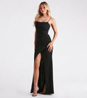 V-neck Mermaid Floor Length Crepe Slit Cowl Neck Square Neck Sleeveless Spaghetti Strap Dress With Rhinestones