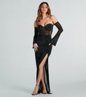 Corset Waistline Slit Mesh Sheer Sweetheart Long Sleeves Off the Shoulder Knit Floor Length Short Dress With Rhinestones