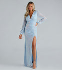 V-neck Long Sleeves Plunging Neck Mermaid Ruched Mesh Sheer Sequined Slit Knit Floor Length Peasant Dress