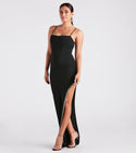 Square Neck Sleeveless Spaghetti Strap Pleated Slit Trim Dress With Rhinestones