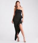 Sophisticated Slit Asymmetric Ruffle Trim One Shoulder Sleeveless Tank Dress With Rhinestones