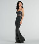 Glittering Sheer Stretchy Mesh Knit Corset Waistline Mermaid Spaghetti Strap Cowl Neck Sweetheart Maxi Dress