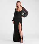 V-neck Mermaid Long Sleeves Wrap Slit Pleated Sheer Floor Length Peasant Dress