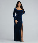 Sophisticated Slit Lace-Up Fitted Cowl Neck Sweetheart Long Sleeves Floor Length Mermaid Corset Waistline Velvet Evening Dress