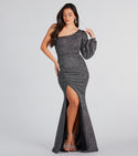 Strapless Knit Mermaid Floor Length Long Sleeves One Shoulder Glittering Slit Ruched Peasant Dress/Party Dress