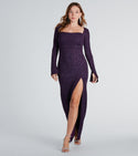 Cowl Neck Slit Stretchy Fitted Glittering Floor Length Knit Long Sleeves Dress