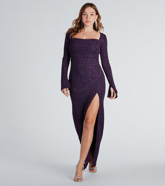 Floor Length Knit Cowl Neck Long Sleeves Stretchy Fitted Slit Glittering Dress