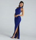 Sexy Ruched Slit Button Closure Glittering Halter Knit Party Dress/Maxi Dress