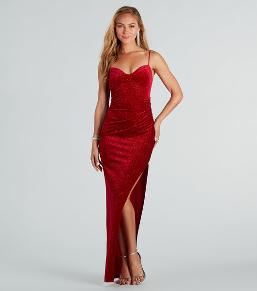 Sweetheart Spaghetti Strap Velvet Glittering Slit Pleated Dress