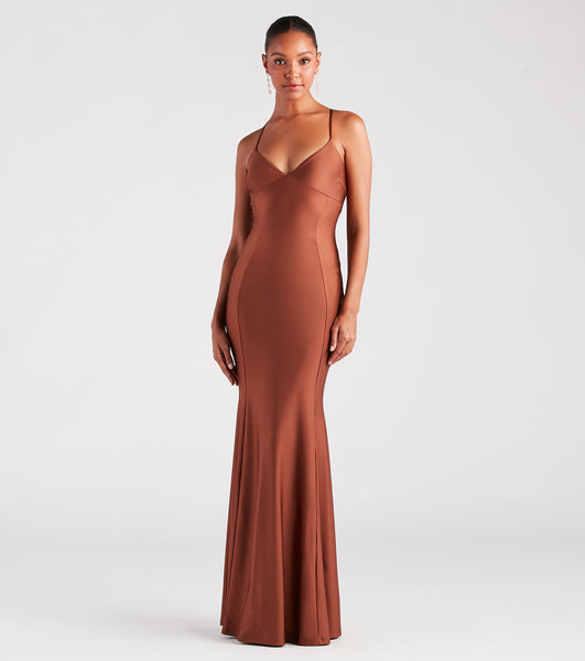 V-neck Floor Length Lace-Up Stretchy Sleeveless Spaghetti Strap Mermaid Knit Dress