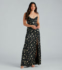 A-line Satin Lace-Up Slit Sleeveless Spaghetti Strap Cowl Neck Floor Length Floral Print Dress