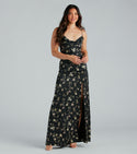 A-line Floor Length Cowl Neck Sleeveless Spaghetti Strap Lace-Up Slit Floral Print Satin Dress