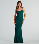 Knit Spaghetti Strap Cowl Neck Stretchy Ruched Glittering Mermaid Floor Length Dress With Rhinestones