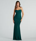 Knit Spaghetti Strap Cowl Neck Floor Length Ruched Stretchy Glittering Mermaid Dress With Rhinestones