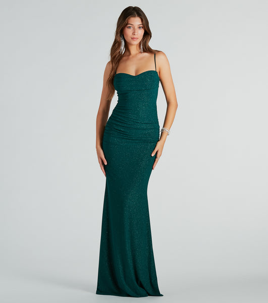 Cowl Neck Ruched Glittering Stretchy Spaghetti Strap Knit Mermaid Floor Length Dress With Rhinestones