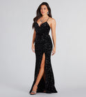 V-neck Mermaid Plunging Neck Sequined Slit Lace-Up Spaghetti Strap Floor Length Dress With Rhinestones