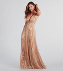 Sexy A-line V-neck Floor Length Open-Back Glittering Slit Sequined Plunging Neck Spaghetti Strap Dress