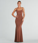 Ruched Stretchy Open-Back Sleeveless Spaghetti Strap Mermaid Floor Length Knit Cowl Neck Dress