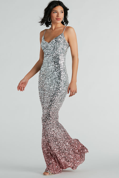 Sarah Hyland Silver Sequin Sheath Long Prom Dress - Xdressy