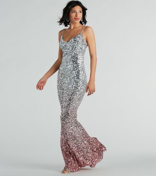 V-neck Spaghetti Strap Floor Length Mesh Sequined Mermaid Prom Dress