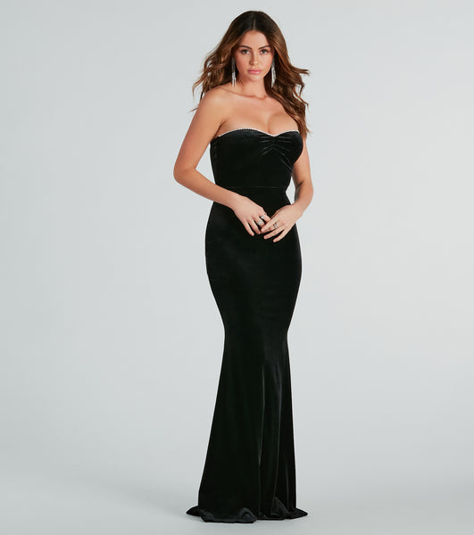 Sophisticated Strapless Fitted Velvet Floor Length Mermaid Sweetheart Dress With Rhinestones