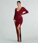 V-neck Glittering Slit Ruched Fitted Long Sleeves Floor Length Knit Party Dress With Rhinestones