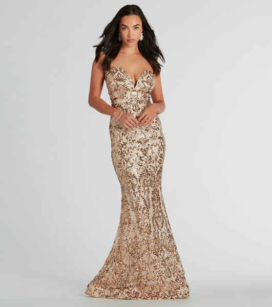 Strapless Sweetheart Floor Length Knit Mesh Stretchy Cutout Sequined General Print Mermaid Evening Dress