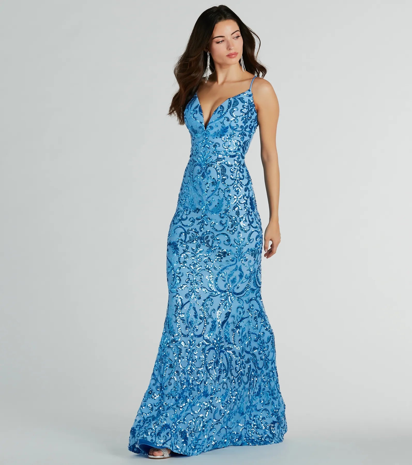 V-neck Mermaid General Print Stretchy Sequined Mesh Floor Length Knit Sleeveless Spaghetti Strap Prom Dress