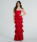 Strapless Lace-Up Tiered Self Tie Glittering Fitted Sweetheart Floor Length Crepe Party Dress With Rhinestones and Ruffles