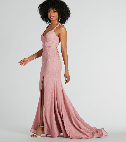 V-neck Mermaid Slit Lace-Up Glittering Spaghetti Strap Floor Length Prom Dress