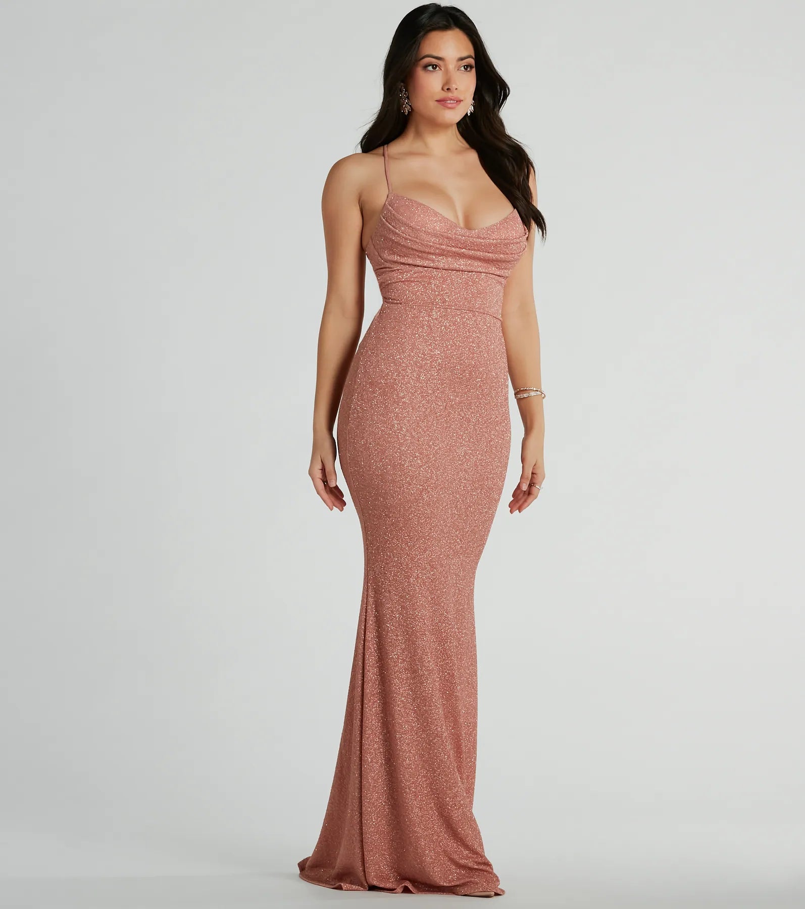 Sophisticated Spaghetti Strap Floor Length Glittering Stretchy Lace-Up Knit Cowl Neck Mermaid Prom Dress/Party Dress