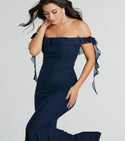 Sexy Sophisticated Mermaid Knit Mesh Ruched Stretchy Off the Shoulder Maxi Dress With Ruffles
