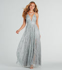 Sexy A-line V-neck Open-Back Glittering Slit Stretchy Spaghetti Strap Plunging Neck Floor Length Striped Print Party Dress