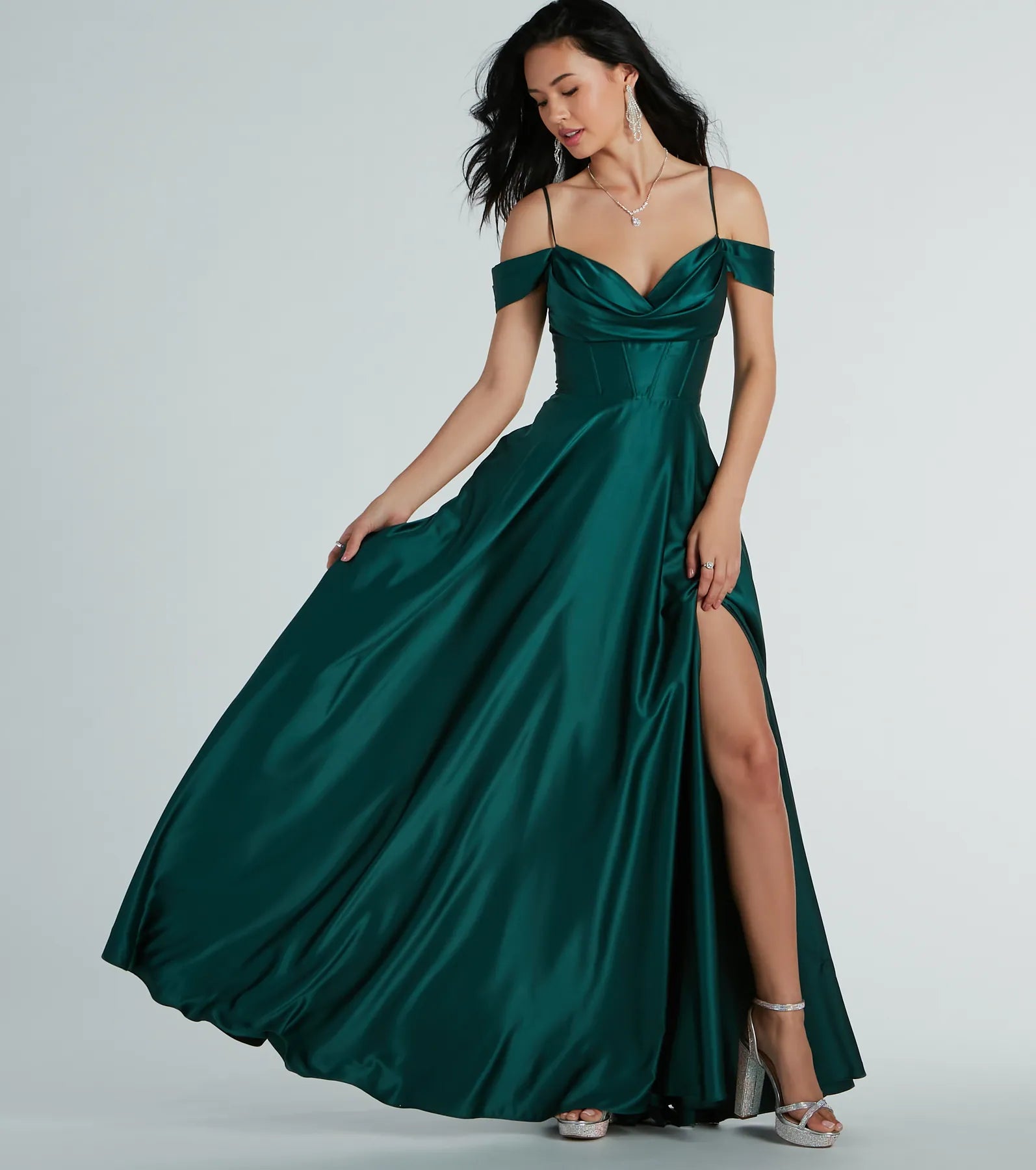 A-line V-neck Pocketed Slit Satin Cold Shoulder Short Sleeves Sleeves Spaghetti Strap Evening Dress/Prom Dress