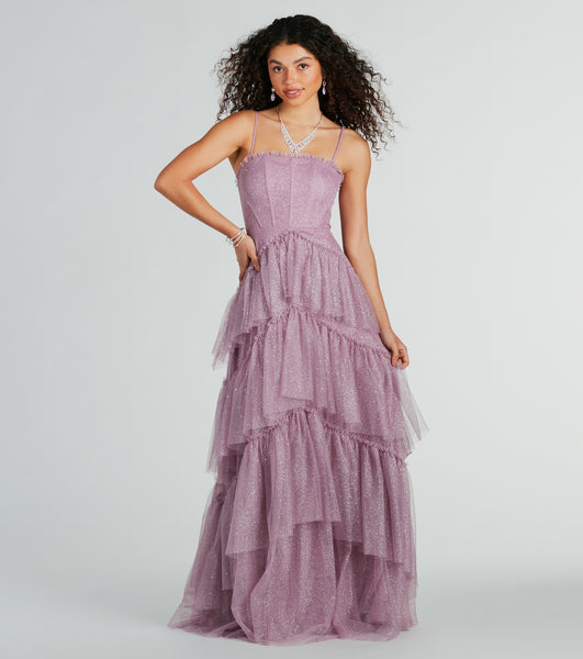 A-line Tiered Stretchy Glittering Spaghetti Strap Floor Length Ruffle Trim Square Neck Prom Dress