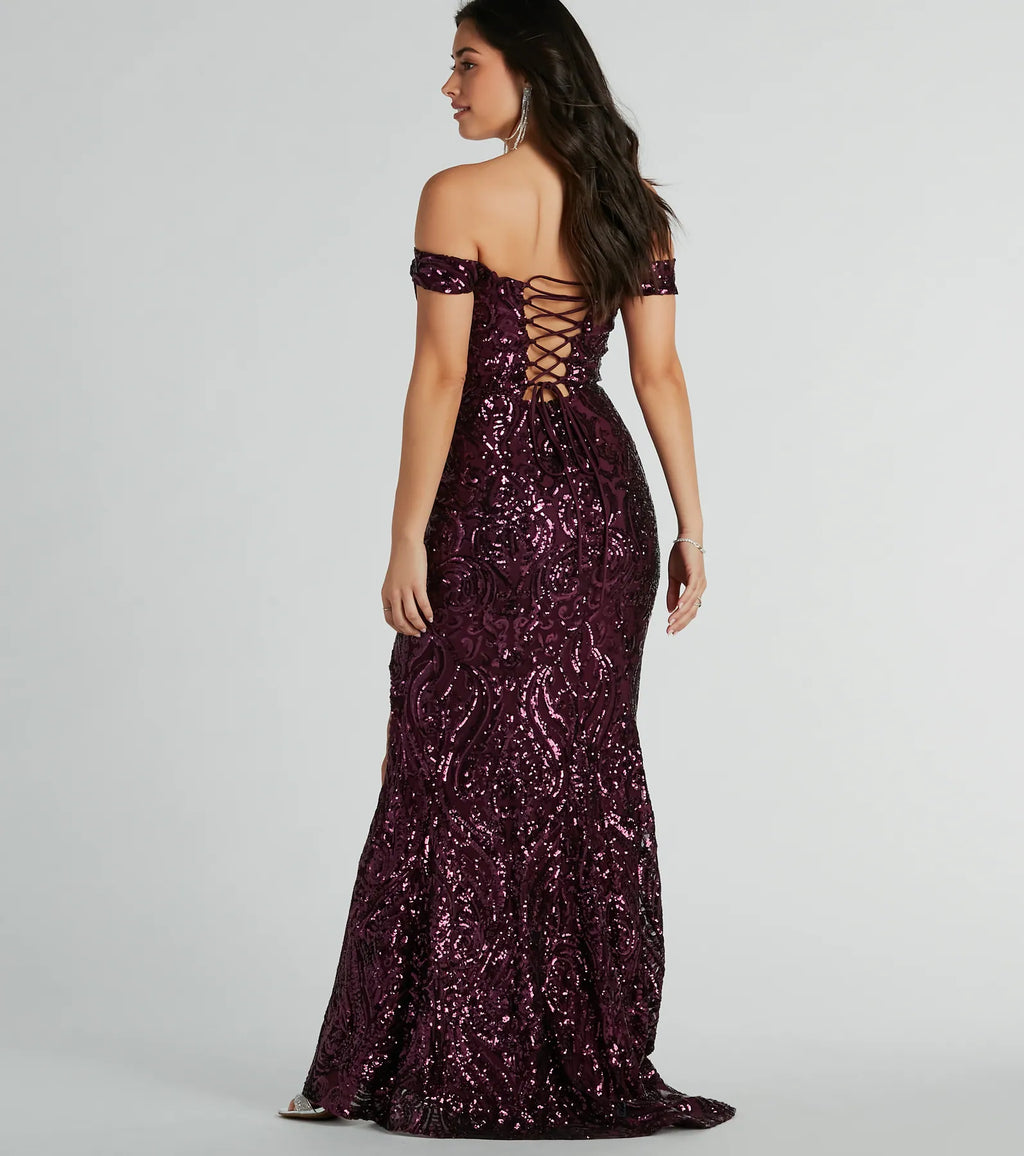 Alanna off-the-shoulder sequin mermaid dress Eggplant