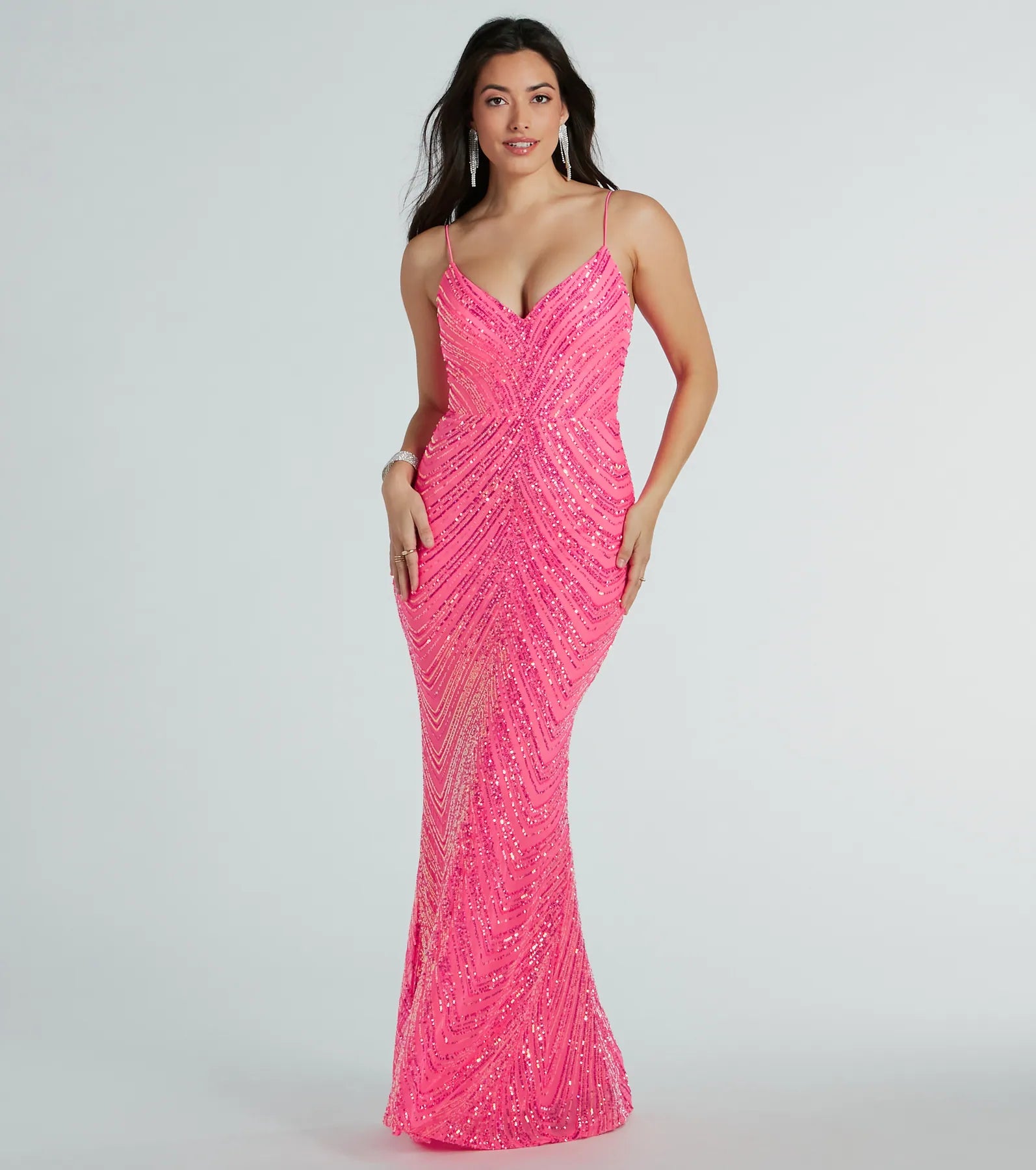 V-neck Floor Length Knit Mermaid Spaghetti Strap Stretchy Sequined Mesh Back Zipper Prom Dress/Party Dress