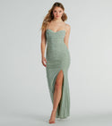 Sophisticated Cowl Neck Sweetheart Mermaid Floor Length Mesh Ruched Slit Spaghetti Strap Dress With Pearls