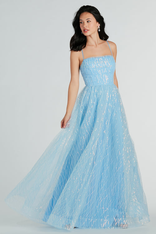 Sky Blue Long Chiffon Prom Dresses with Sleeves Formal Dresses PG803