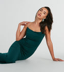 Strapless Cowl Neck Floor Length Knit Fitted Slit Sleeveless Homecoming Dress With Rhinestones