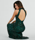 Sophisticated Halter Mermaid General Print Mesh Sequined Open-Back Button Closure Floor Length Dress