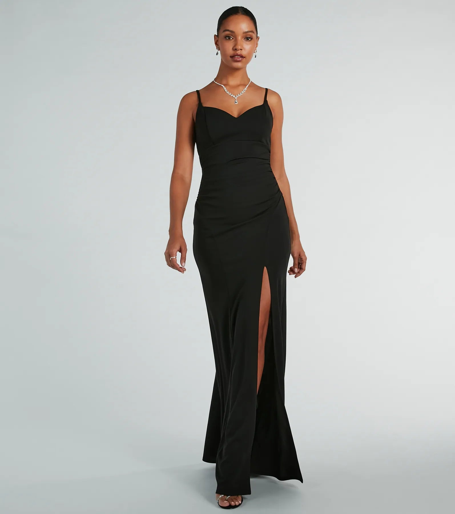 Sophisticated A-line Floor Length Short Back Zipper Slit Ruched Stretchy Sweetheart Spaghetti Strap Bridesmaid Dress