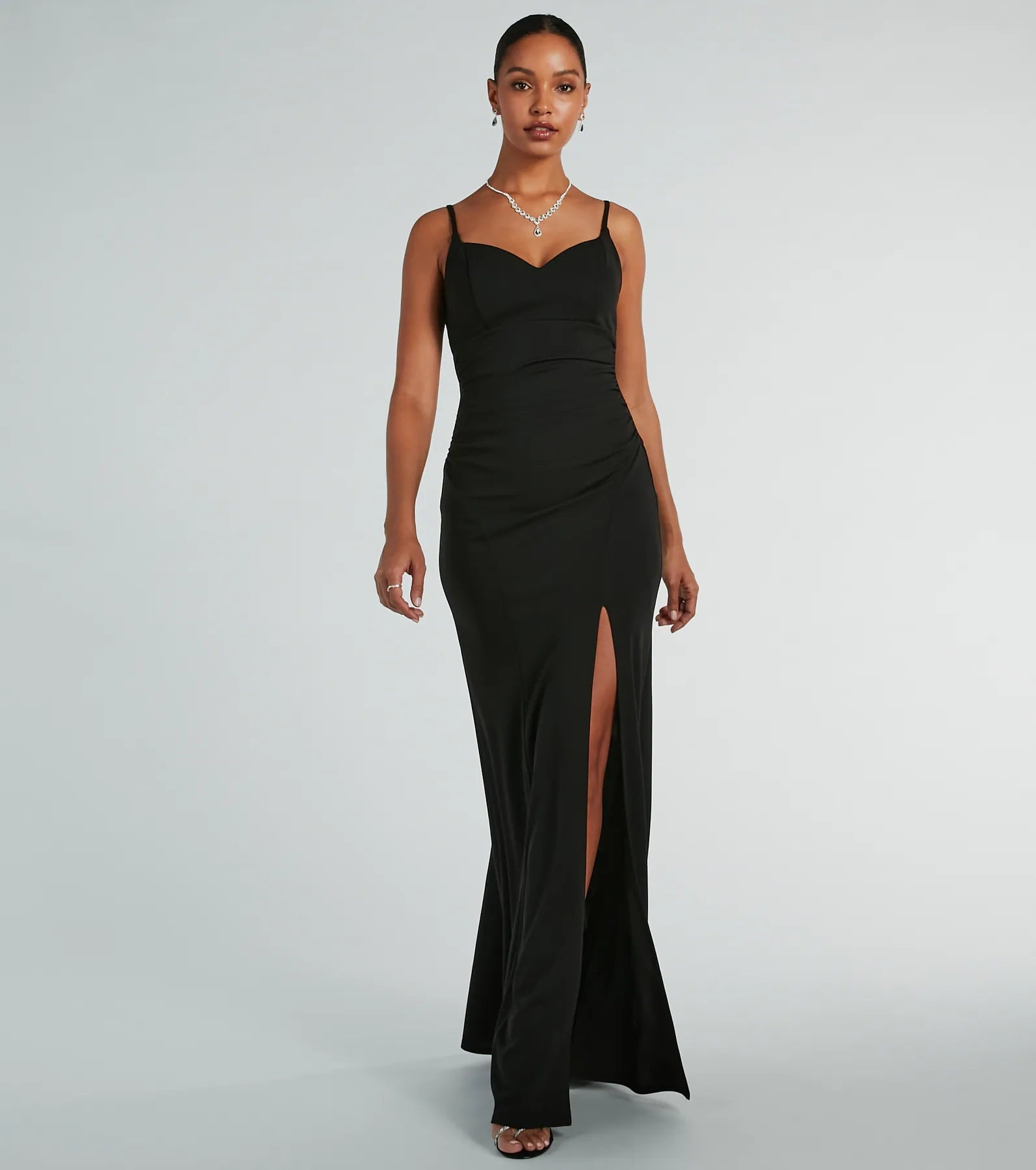 Sophisticated A-line Spaghetti Strap Floor Length Short Sweetheart Stretchy Slit Ruched Back Zipper Bridesmaid Dress
