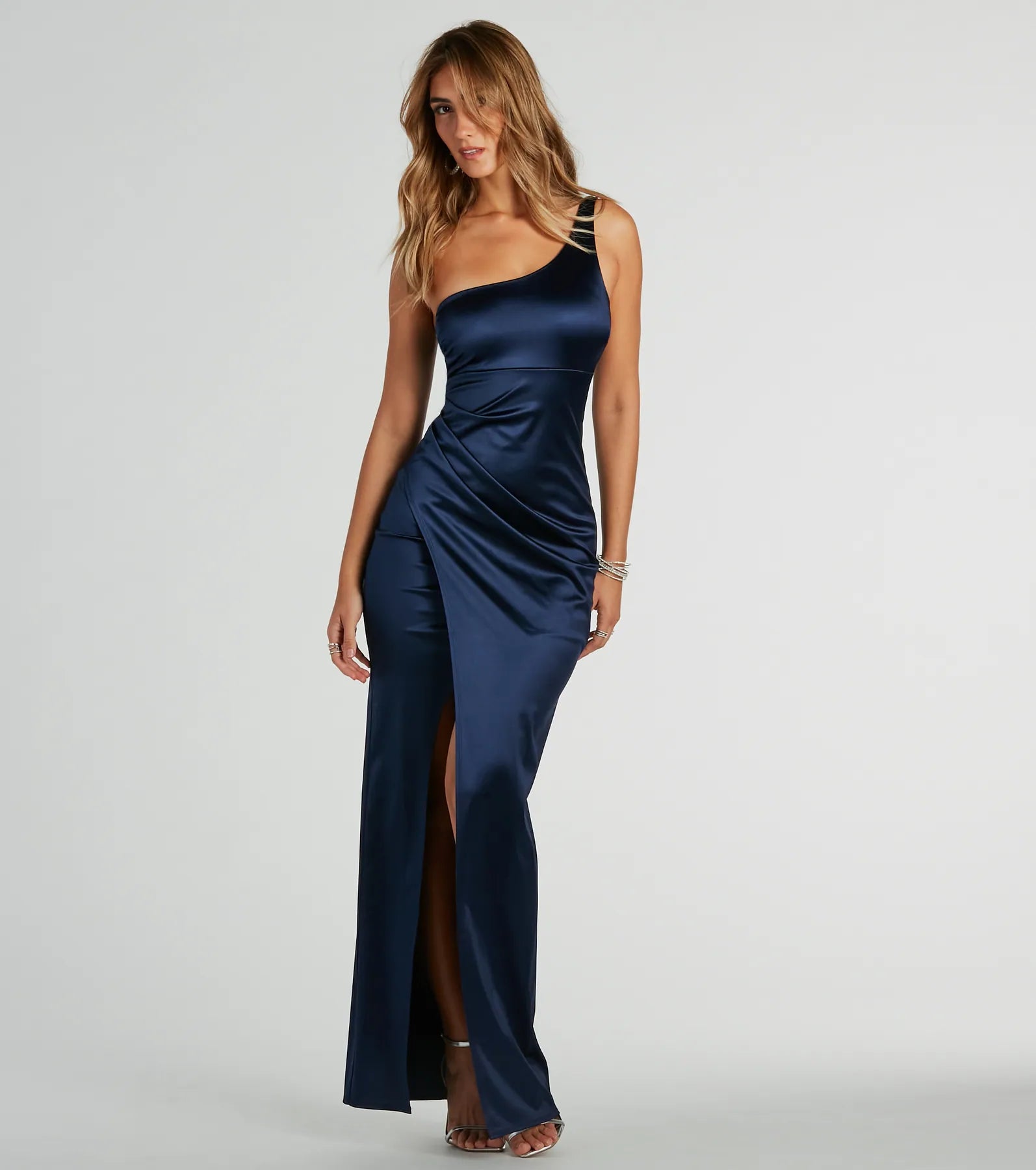 Sophisticated Satin Floor Length Slit Wrap One Shoulder Bridesmaid Dress